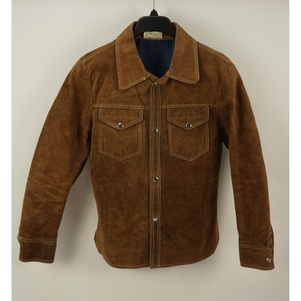 Vintage 1970s Tooled Whipstitch‎ Suede Leather Trucker Jacket Men's 38 Tobacco